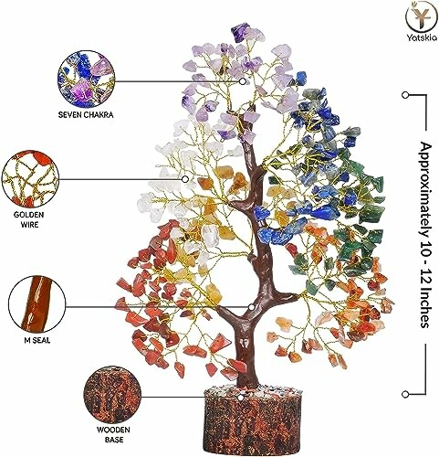 Colorful chakra gemstone tree on wooden base with labeled parts.