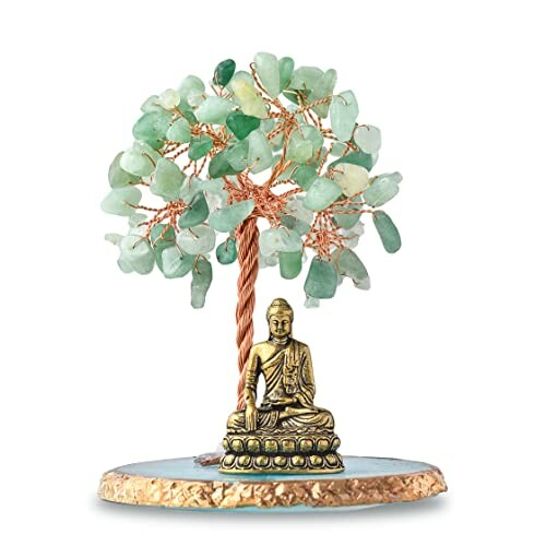 A crystal bonsai tree with Buddha statue on a round base, perfect for home decor and meditation.