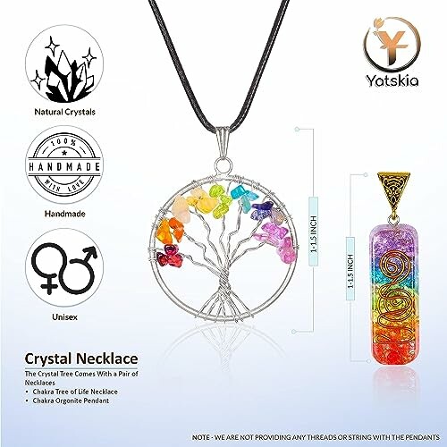 Crystal tree of life necklace with chakra stones and unisex pendant.