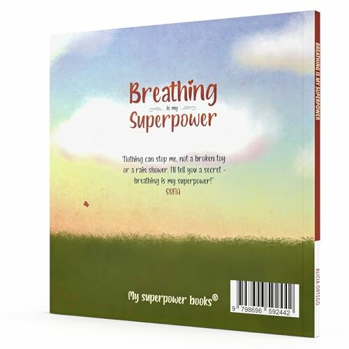 Book cover with title 'Breathing is my Superpower' and a nature background.