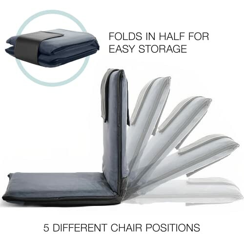 Foldable chair with five adjustable positions and storage option.