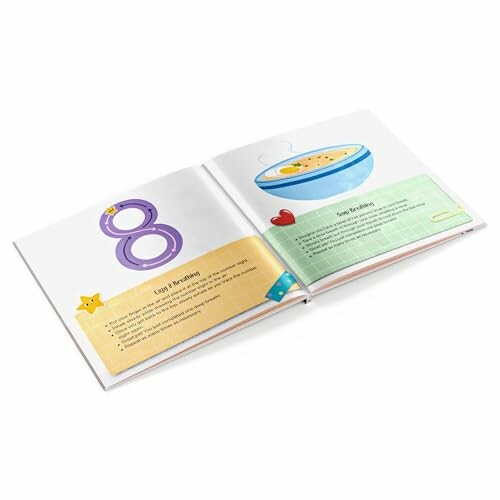 Open book showing illustrated pages with colorful graphics and text.