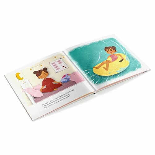 Open book with colorful illustrations of a child engaged in different activities.