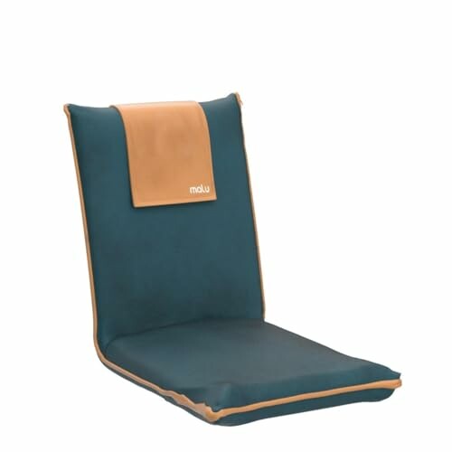 Blue and tan portable floor chair with backrest.